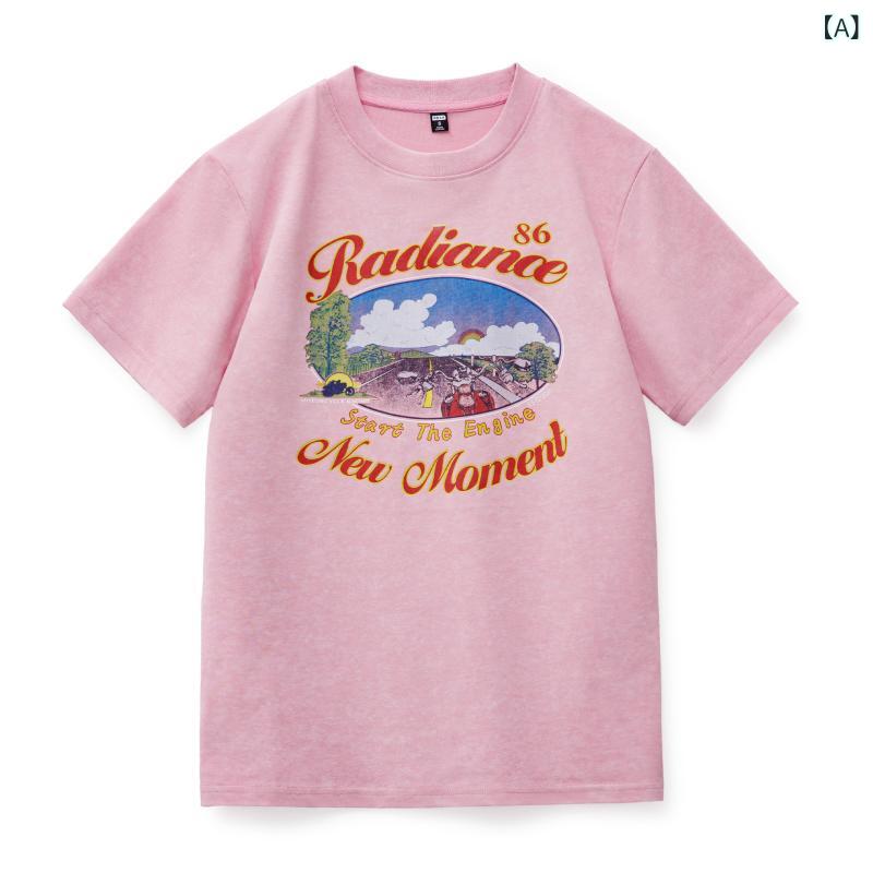 Tシャツ レディース 夏 ピンク 花柄 蝋染め風 半袖 レトロ バイカースタイル ゆったり スタイルアップ 体型カバー 落とし肩 トップス カジュアル