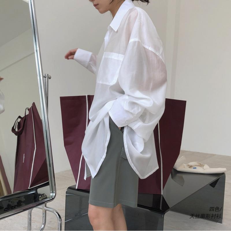 長袖シャツ 夏 UVカット 再生繊維 ゆったりシルエット スリム効果 滑らか素材 微透け トップス 軽量 通勤用 普段使い