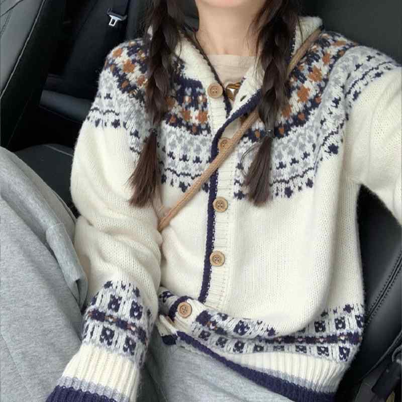 レディース ニット カーディガン 秋冬 フェアアイル 織り込み フード付き かわいい レトロ ソフト トップス アウター