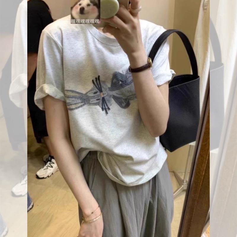 Tシャツ レディース 短袖 刺繍 うさぎ かわいい 夏 ゆったり 正肩 トップス 韓国風 雰囲気 コーディネート 普段使い 軽量 綿素材 ビッグシルエット Vネック