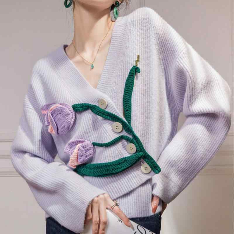 レディース 編み物 ジレー 手編み クロシェ 一枚仕立て ゆったり風 ローマン的 パープル 刺しゅう チューリップ 青写真 パステル色の 原料品 日常使い走り