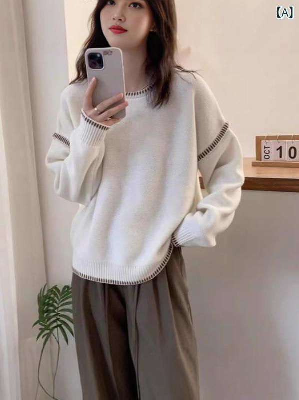 レディース 冬用 ニットセーター 羊毛 厚手 ゆったり 柔らか素材 切り替えデザイン コントラストカラー 通勤用 プルオーバー 暖か 上質感