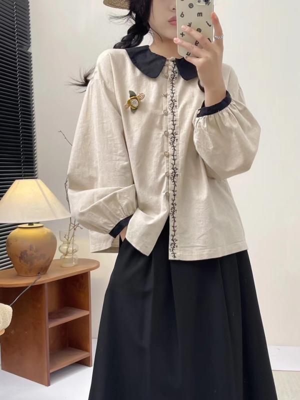 レディース ドールカラー コントラスト 長袖 シャツ 刺繍 ゆったり 森ガール ナチュラル スタイル 普段使い トップス カジュアル ブラウス ルーズフィット