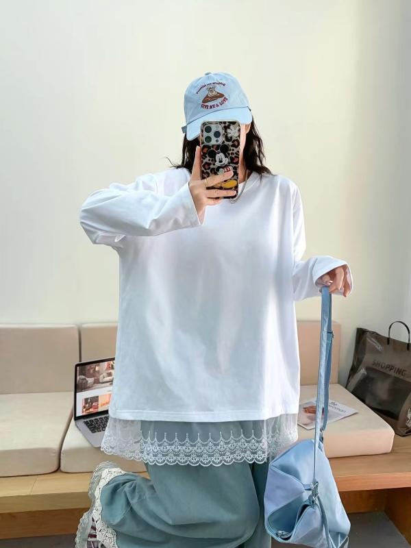 女性用 長袖Tシャツ 白 シンプル レース 切り替え 春 ファッション スリム 体型カバー ゆったり トップス インナー コットン混 普段使い 軽量 伸縮性