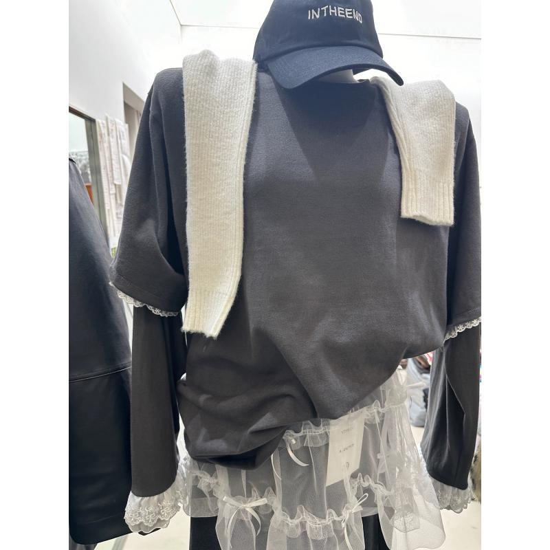 レディース 春 かわいい カジュアル レース 切り替え 落肩 長袖 Tシャツ トップス 普段使い 伸縮性 コットン 素材 Vネック ピンク系