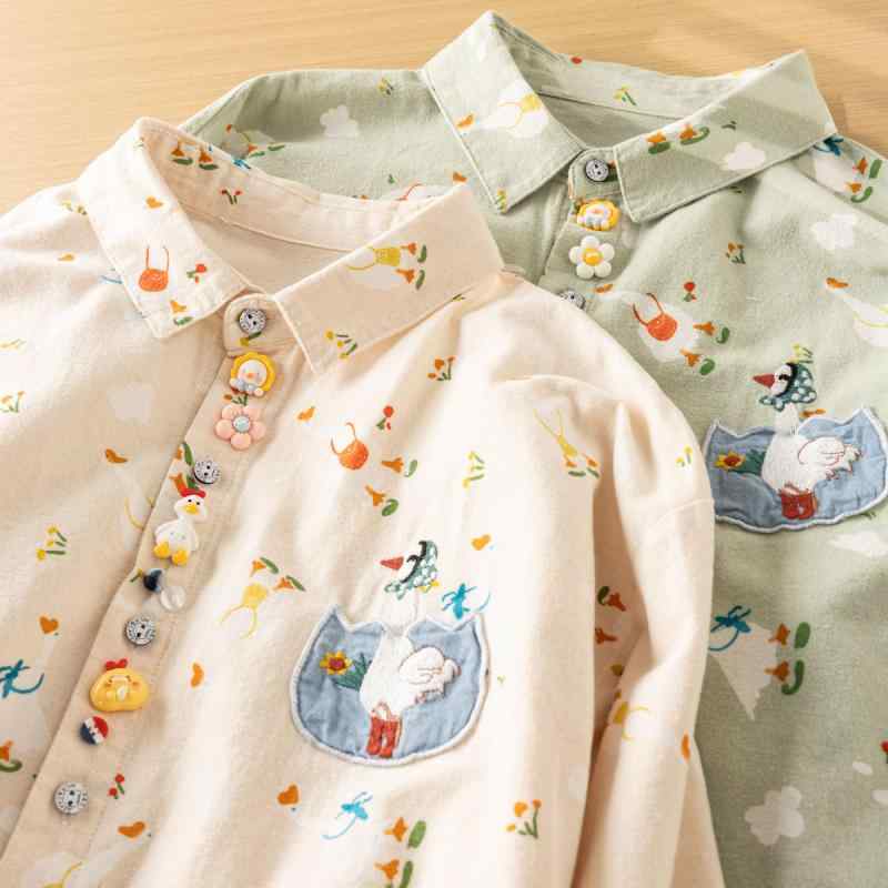 レディース 長袖シャツ デニム生地 パッチ刺繍 白いガチョウ柄 起毛加工 ゆったりシルエット フェミニン かわいい トップス コーディネートしやすい 普段使い 軽量 伸縮性