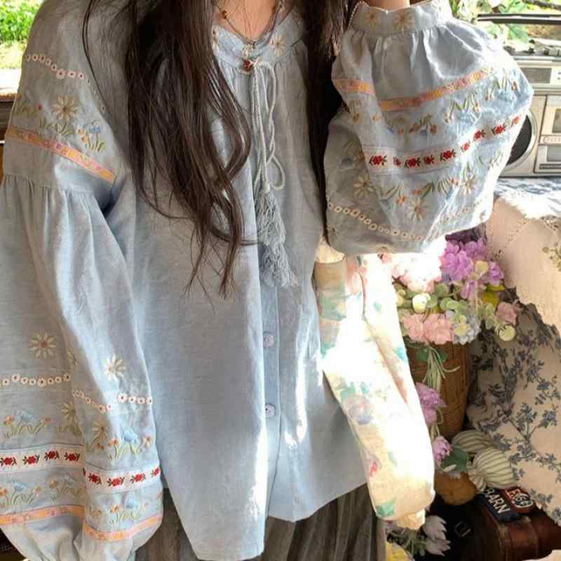 レディース ブラウス デイジー 刺繍 フリンジ デザイン レトロ ゆったり 長袖 トップス 春 スタイル 軽やか コットン 混 素材 女性用 日常使い