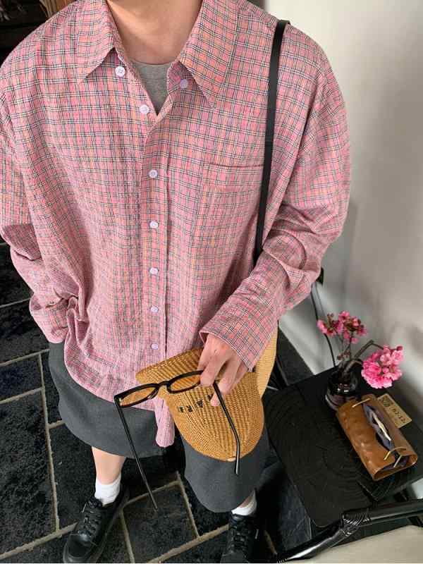 長袖シャツ ユニセックス ピンク チェック柄 チュール素材 ルーズ カジュアル 夏用 薄手 軽量 普段使い 伸縮性