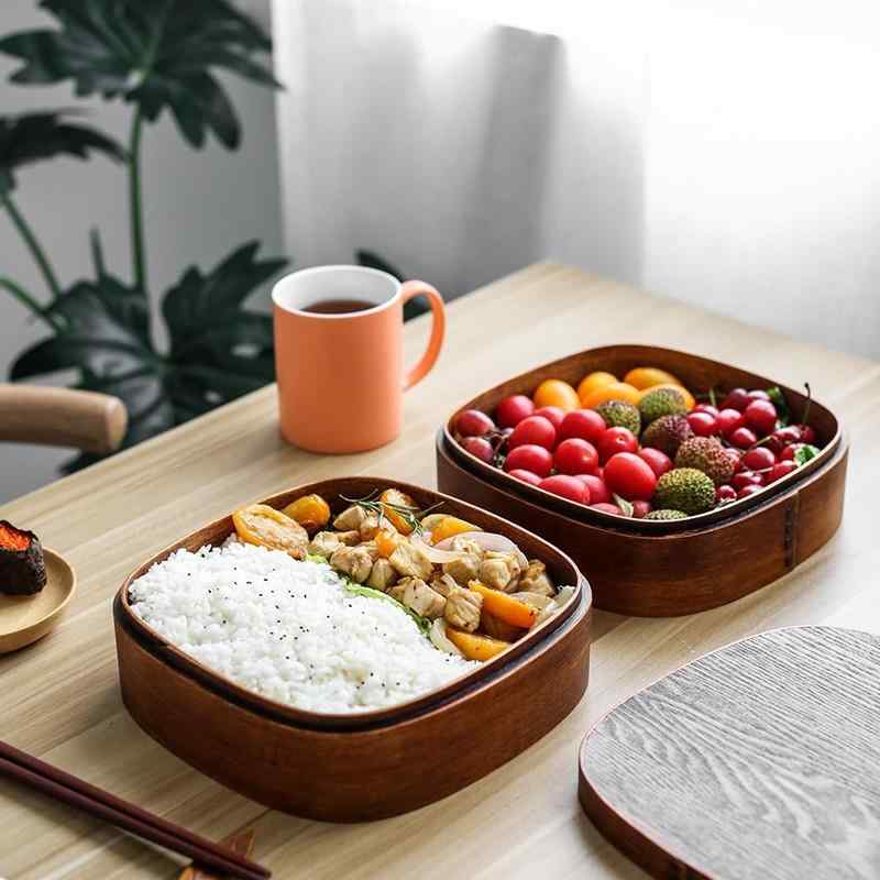 弁当箱 木製 二段式 四辺形 保温 ピクニック 通い用 晩ご飯ボックス席 木質 方形 昼めし 野餐