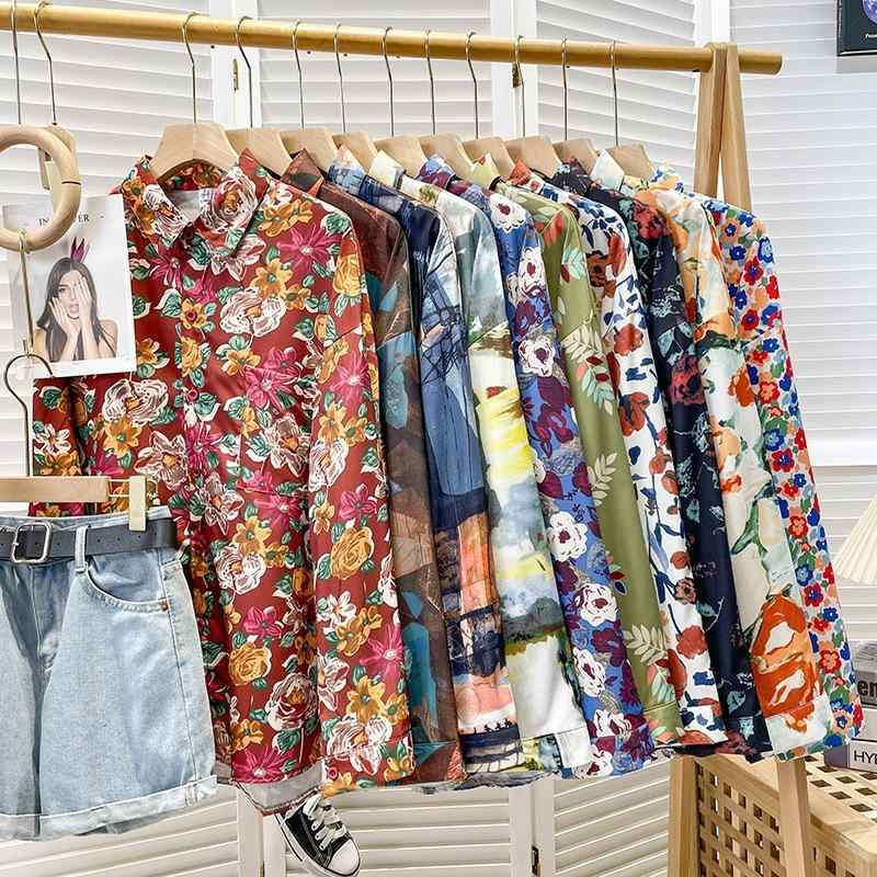 レディース シャツ フラワープリント レトロ ヴィンテージ風 古着スタイル 春秋 トップス ブラウス コットン 混 軽量 吸湿速乾