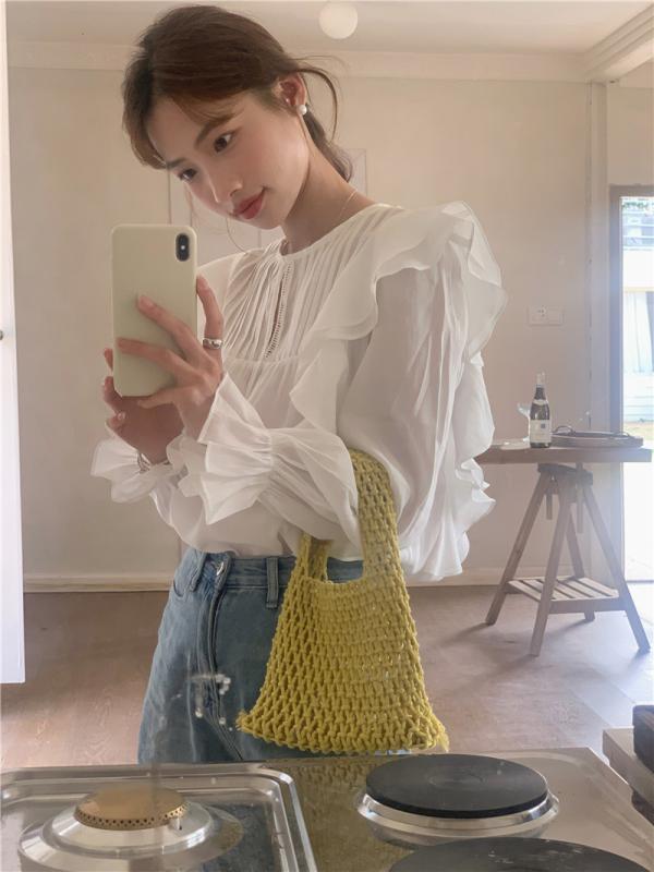 ブラウス 女性用 秋 長袖 シフォン 韓国風 かわいい 合わせやすい フリルエッジ ラウンドネック プルオーバー 軽やか 透け感 トップス