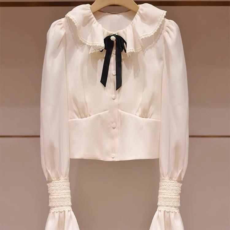レディース シャツ 秋 復古 宮廷風 蝶結び フリル レース トップス ブラウス 柔らかい 素材 優しい スタイル カジュアル 普段使い