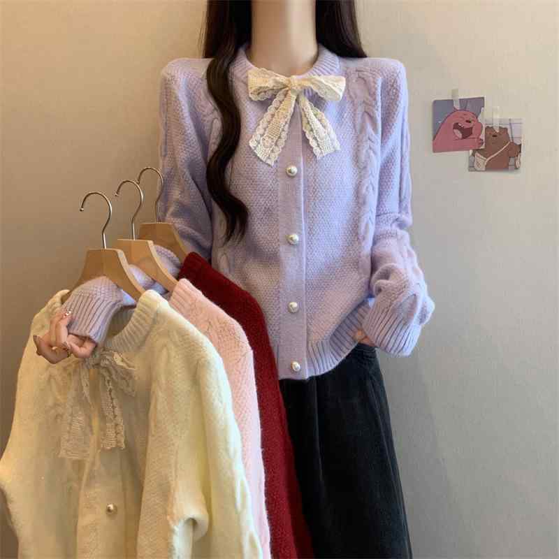 レディース ニット カーディガン 秋冬 レース 蝶結び ゆったり デザイン 小柄 セーター アウター トップス 暖か リラックス スタイル