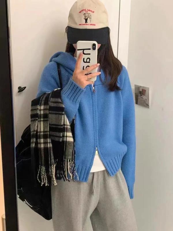レディース ニット カーディガン 秋冬 フード付き ゆったり 無地 韓国風 ラフスタイル セーター トップス 普段使い 伸縮性