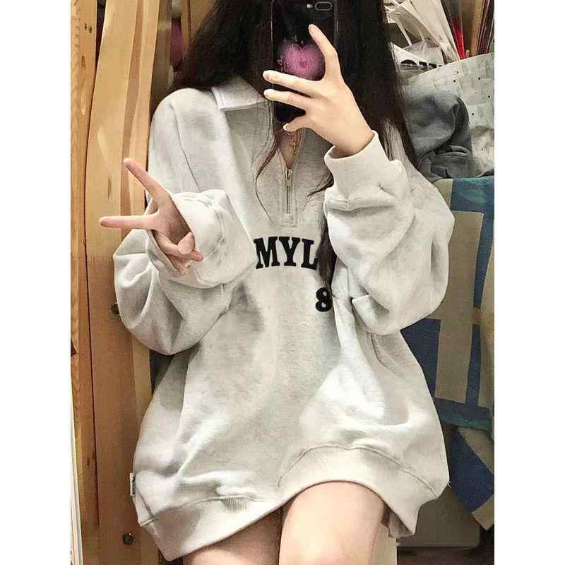 パーカー レディース グレー ポロ襟 秋冬 厚手 ゆったり ハーフジップ 学生用 ルーズフィット 暖かみ フリース裏地 キャンパススタイル 普段使い スウェット トップス アウター