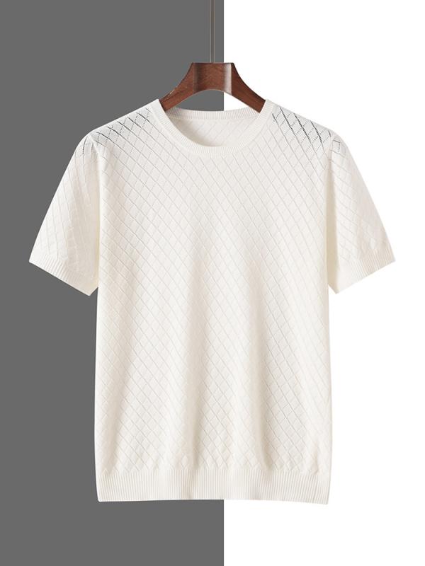 メンズ 短袖 Tシャツ ニット トップス 綿素材 クルーネック 菱形 レース デザイン プルオーバー インナー 夏用 吸湿速乾 軽量 普段使い
