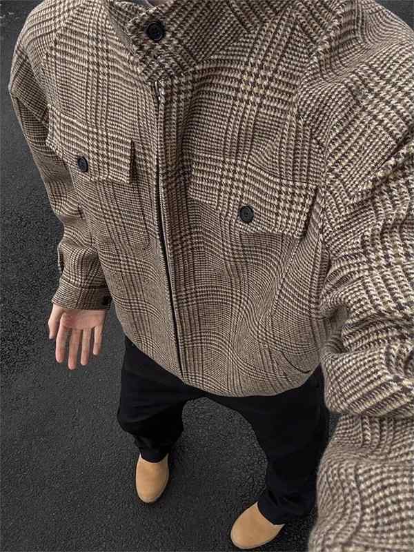 メンズ ジャケット 秋冬 千鳥格子柄 ハリントン ショート丈 ワイドシルエット フレンチスタイル ユニセックス 普段使い デザイン性 コート風 上着