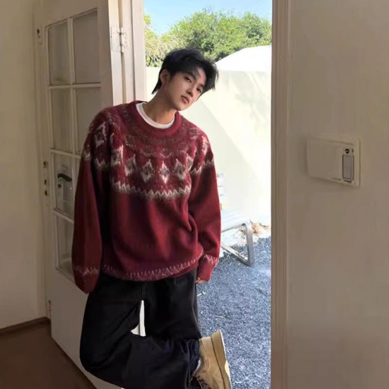 メンズ 冬用 ニットセーター 北欧風 フェアアイル柄 赤 ゆったりスタイル 丸首 高級感 柔らかい素材 クリスマスコーディネート 暖かみ 厚手 プルオーバー カジュアル