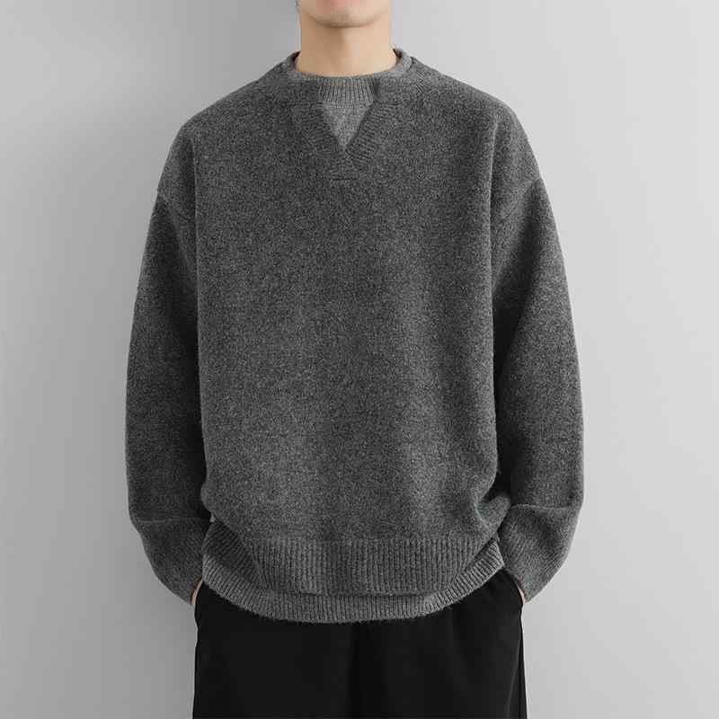 男性用 冬用 ニットセーター クルーネック 厚手長袖 単色 2枚セット 暖か ゆったり 保温性 ニット素材 普段使い