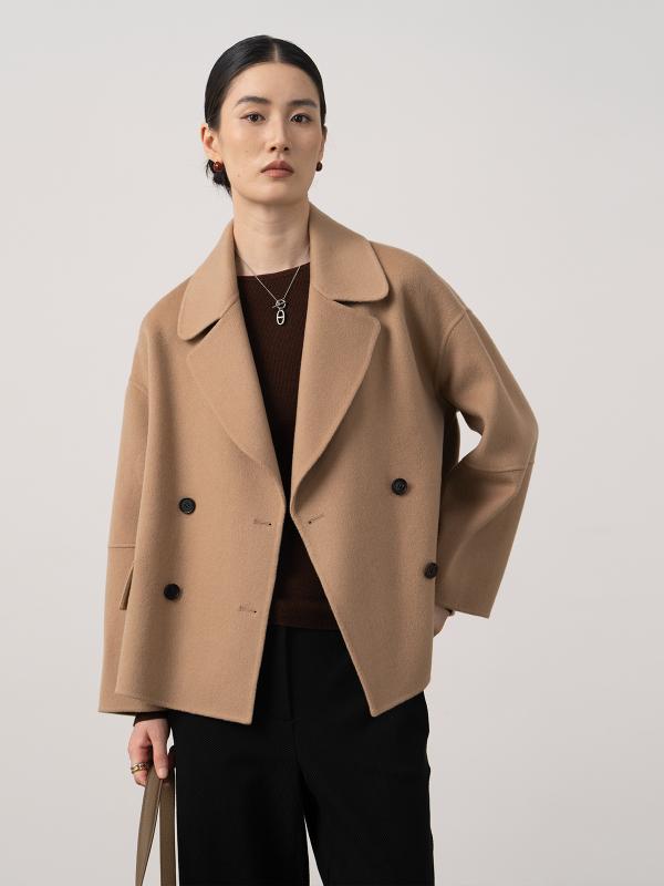 レディース 秋冬 コート ショート丈 ダブルブレスト ワイドスリーブ ラペルカラー 両面 カシミア 軽量 暖かみ 高級感 羊毛混 スタイリッシュ アウター ジャケット