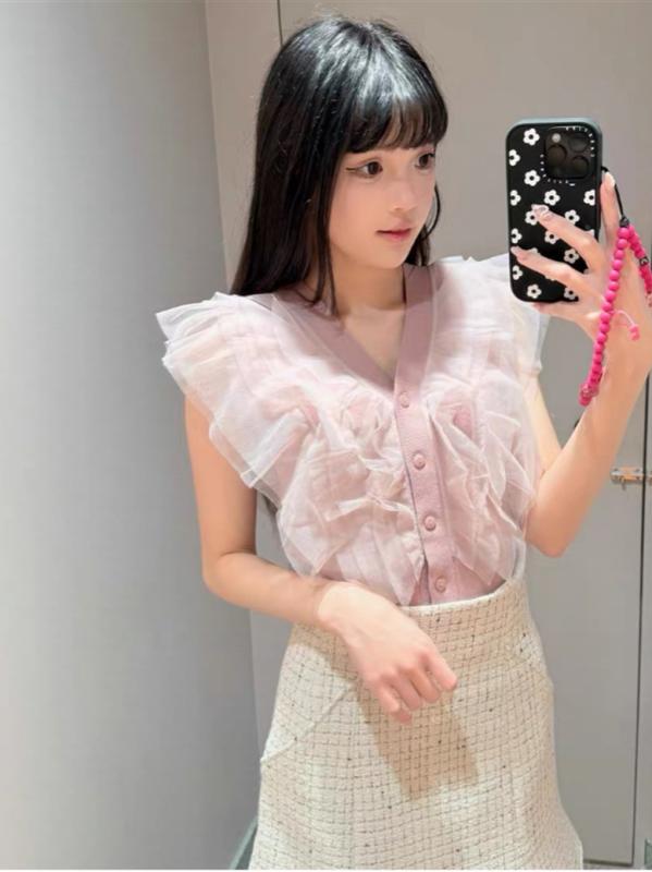 春夏 レディース ニット トップス Vネック フリル ボタン 通勤用 かわいい 伸縮性 軽量 綿混 ソフト素材