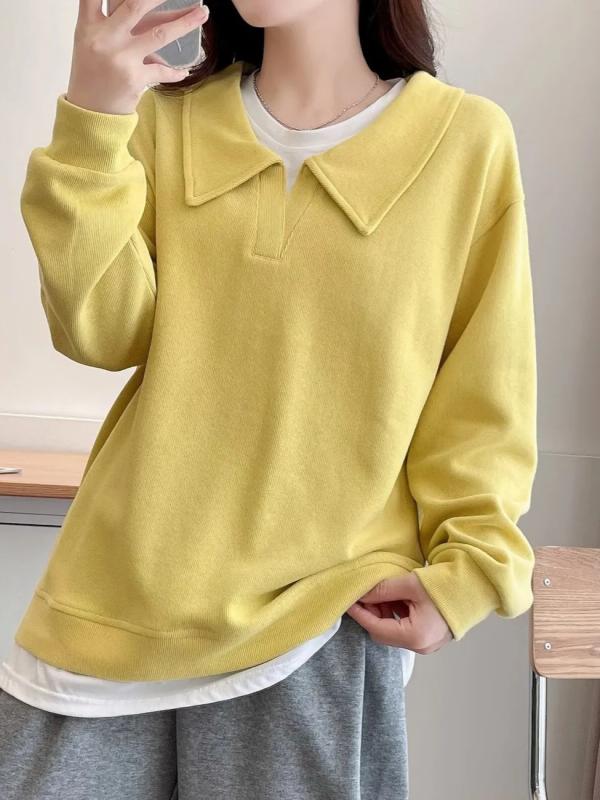 レディース 長袖スウェット ポロカラ ゆったり ぽっちゃり対応 コントラストカラー 切り替え フェイクツーピース 春秋 カジュアル トップス 日常使い リラックスフィット 柔らかい素材