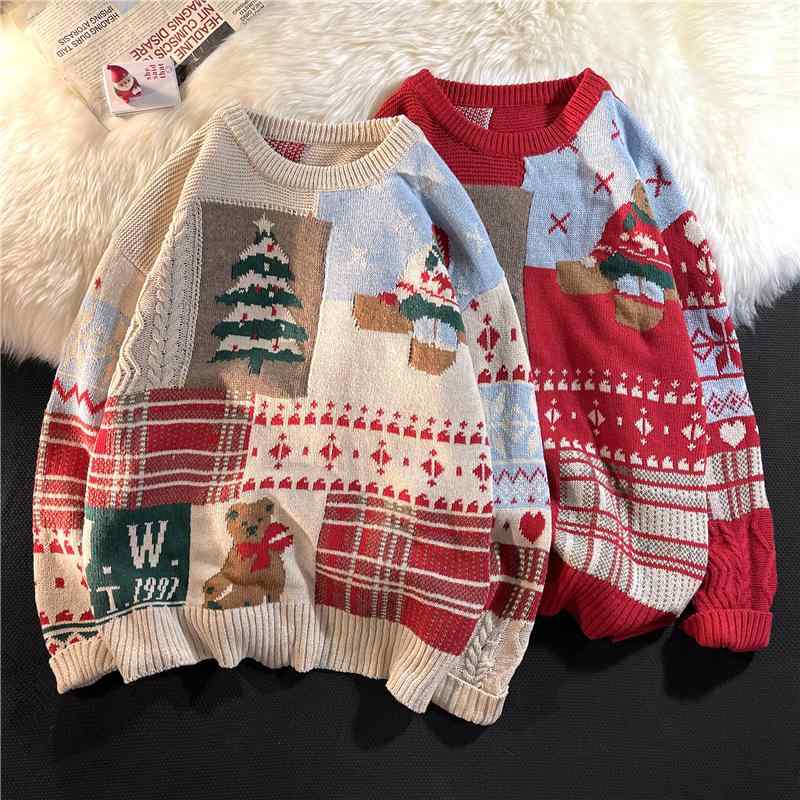 ニットセーター 男性用 日系 レトロ クリスマス クマ柄 秋冬 ゆったり クルーネック ラフスタイル カップル 暖かみ ニット素材 トレンド
