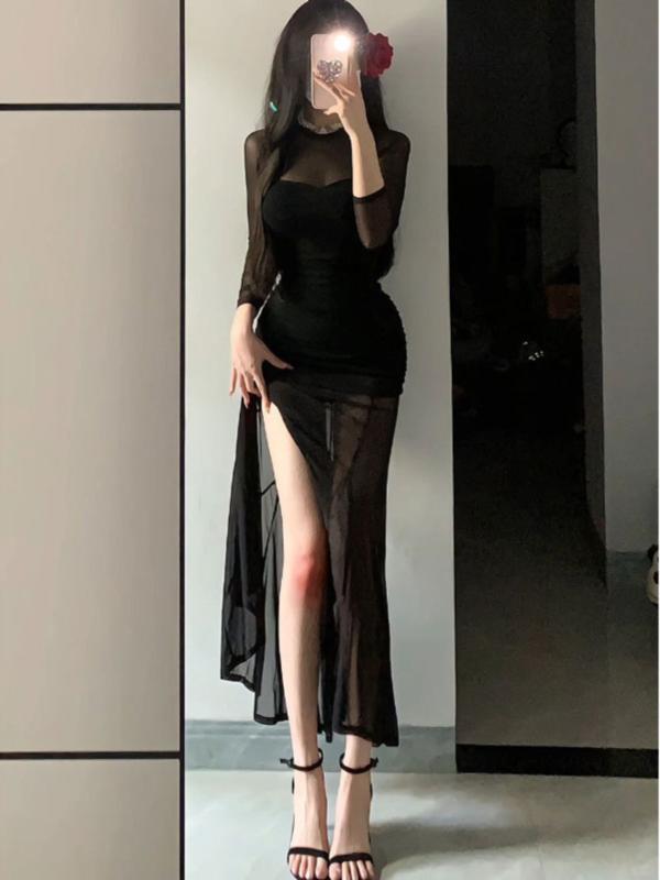 イブニングドレス レディース 黒 長袖 チュール フレンチスタイル エレガント 大人女性向け フォーマル 春 ハイエンド感 シフォン混 膝丈 スリムシルエット 吸湿速乾 軽量