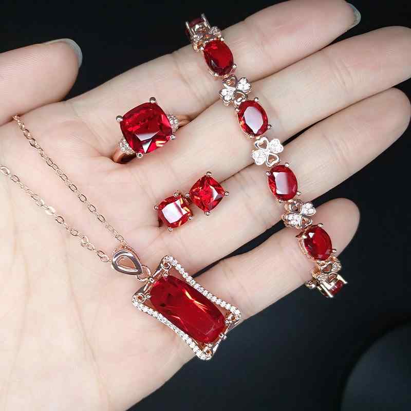 Jewelry Set, Women's Rose Gold, Ruby Style, Red Zirconia Stud Earrings, Necklaces, Rings, Luxurious, Brilliant, Elegant, Pink, Everyday Use