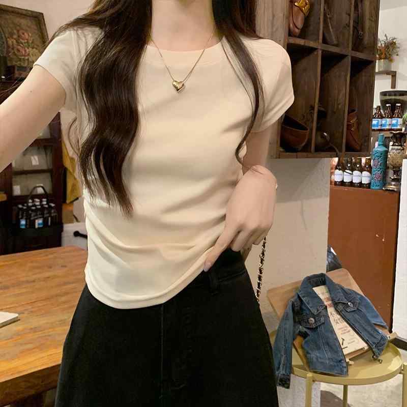 Tシャツ レディース 半袖 ラウンドネック 夏 高級感 スリムフィット ウエストシェイプ ベーシック 万能 トップス 普段使い カジュアル 洗練デザイン