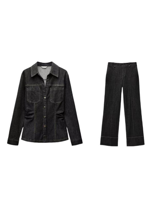 レディース デニム セットアップ Vネック 長袖 プリーツ スリムフィット シャツ ジャケット カジュアル ロングパンツ ポケット ステッチ 装飾 ポケット付き シングルボタン 日常使い ストレッチ素材 軽量 快適