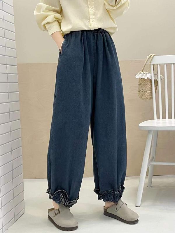 パンツ レディース デニムパンツ ジーンズ ジーパン ズボン ボトムス フリル 切り替え ゆるめ フィット 体型カバー ウエストゴム 無地 カジュアル シンプル デイリー 日常 普段使い 着痩せ 細見え 10代 20代 30代 40代 ガ｜日用雑貨　RISE店