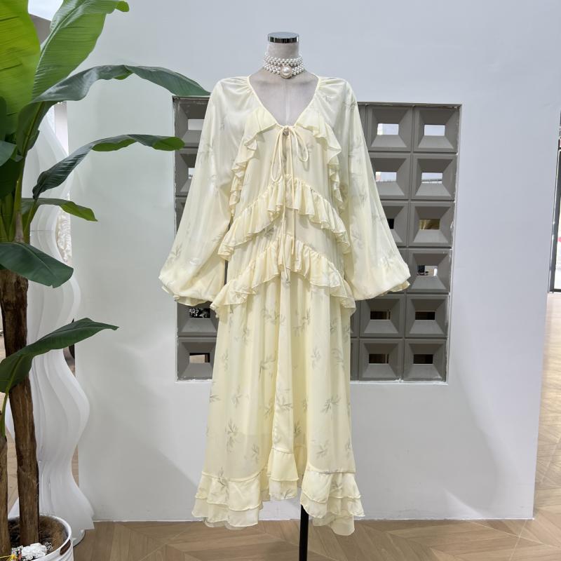 ワンピース レディース 春夏 リゾート フレンチ Vネック ゆったり ロング フリル デザイン ソフト フェミニン ティータイム スタイル 軽やか 日常使い