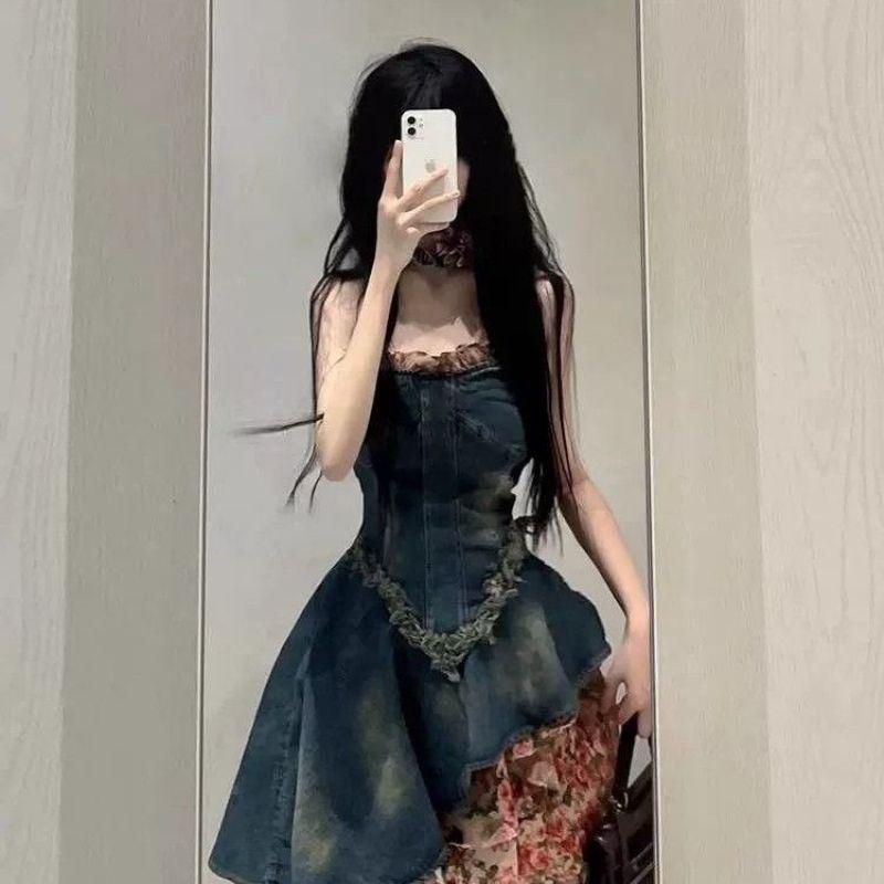 ワンピース 女性用 夏 デニム チューブトップ フレアスカート ウエストシェイプ スリム 高級感 フレンチスタイル かわいい セクシー 小柄対応 軽量 伸縮性 吸湿速乾
