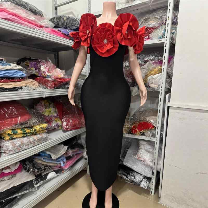 ワンピース レディース タイトドレス ロングスカート ノースリーブ ベアトップ オフショルダー チューブトップ 立体花 薔薇 立体フラワー モチーフ スリット タイト スリム 細身 美脚 着痩せ 細見え セクシー エレガント 上品 フェミニン 大人 キャ|日用雑貨 RISE店