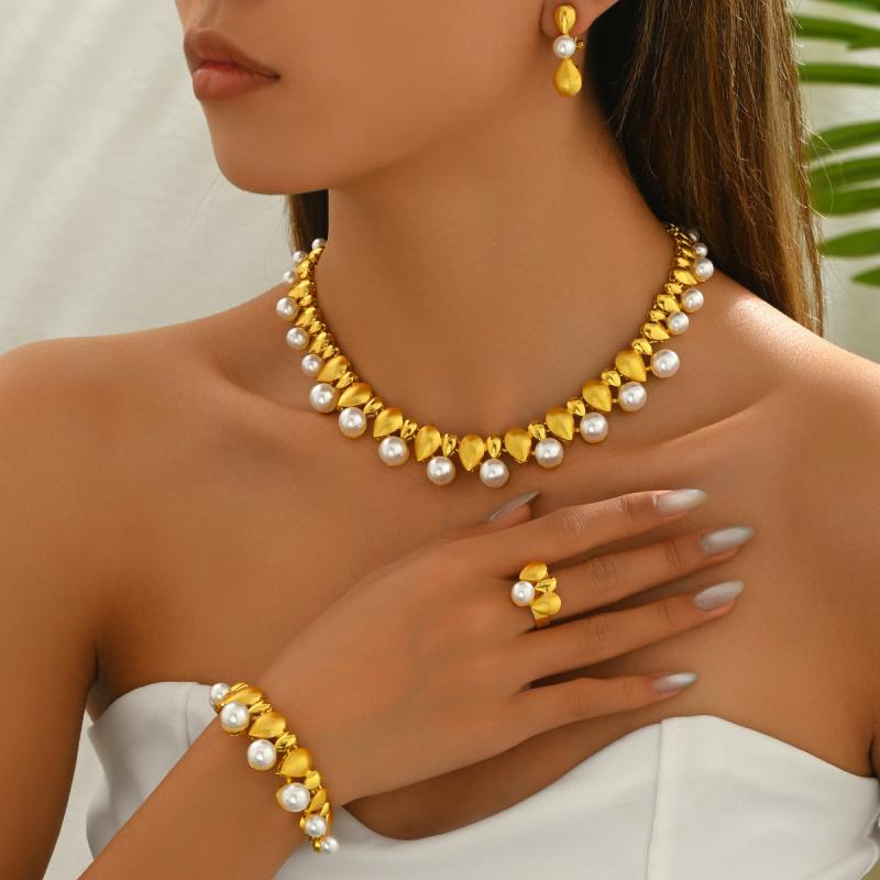 Women's Jewelry Set, Geometric Pearl, Long Necklace, Earrings, Opening Rings, Luxurious, Everyday Coordination, Lightweight, Simple, Silver Accessories