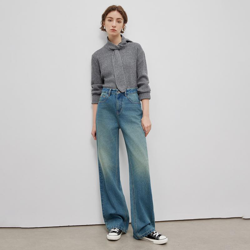 デニムパンツ レディース ハイウエスト ワイドレッグ ストレート ロング丈 落ち感 細見え 春 カジュアル 普段使い デニム素材 綿混 ビッグシルエット