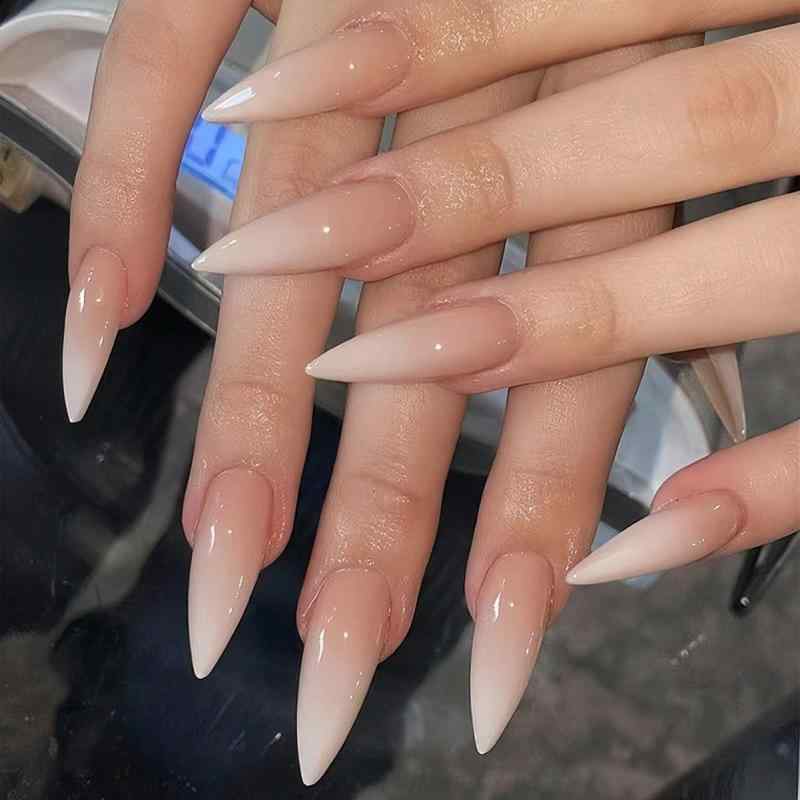 後ばらい爪 レディース ロング ポイントド 色っぽい 表現スタイル 淡さくら色 グラデーション 白いこと 分かりやすい 雅びやか ネイルチップ 工芸 耐久性 軽さ 日常使い走り 指さき美