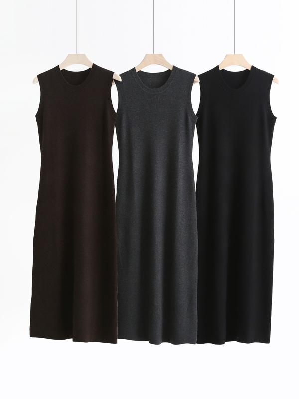 ワンピース レディース 秋冬 黒 無袖 ニット ロング ドレス ウール シンプル 微修身 ストレッチ スリム 暖か 伸縮性 スタイルアップ カジュアル フィット