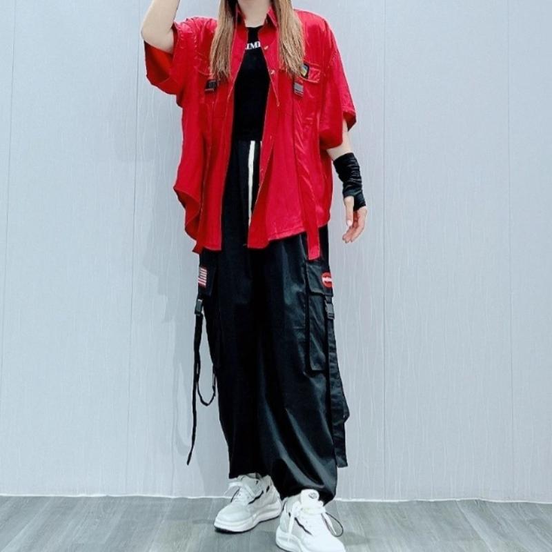 レディース ヒップホップ ストリートダンス セットアップ ルーズ トップス アウター フリンジ 付き カーゴパンツ 夏 カジュアル ファッション