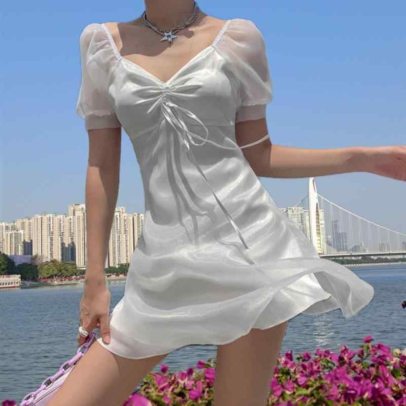 レディース 春夏 ワンピース 欧米風 レトロ プリンセス 収腰 ミニ パフスリーブ シースルー オーガンジー 軽量 透け感 ガーリー フレア シルエット