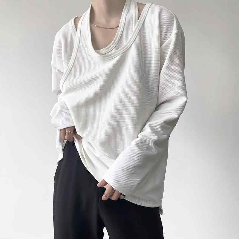 メンズ ニットTシャツ フェイクライヤード 長袖 クルーネック 秋 シンプル トレンド 個性 クール ミニマリスト スタイル 綿混 軽量 普段使い