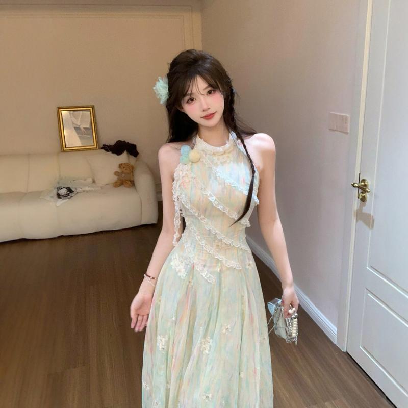 ワンピース レディース 夏 グリーン ノースリーブ レース ハルターネック 花柄 アシンメトリー ロング フレンチスタイル フェミニン 軽やか シルエット