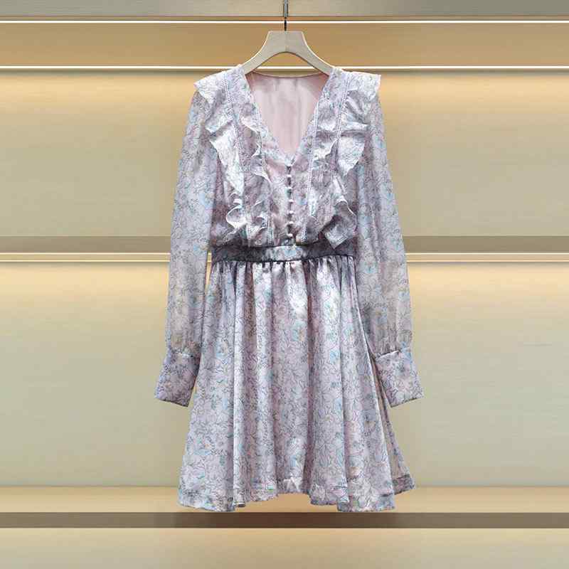 ワンピース レディース 春夏 Vネック ラッフル ウエストシェイプ 長袖 サイドジッパー レース 花柄 プリント ドレス フレア 女性用 膝丈 軽量 伸縮性|日用雑貨 RISE店