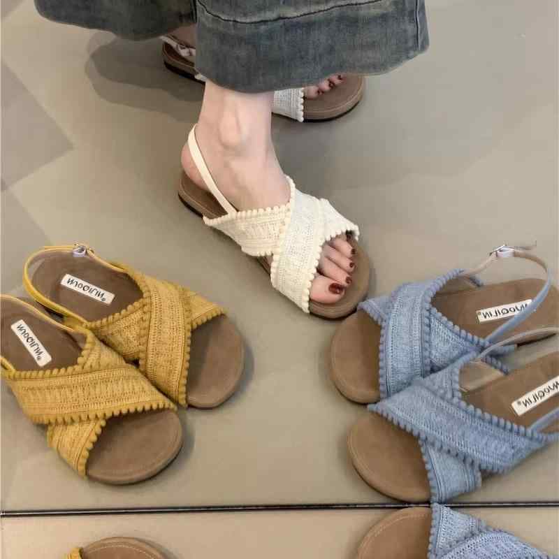レディース 夏用 ボヘミアン 編み込み クロス サンダル リゾート ビーチ フェミニン 軽量 通気性 女性 シューズ バカンス スタイル 優しい デザイン