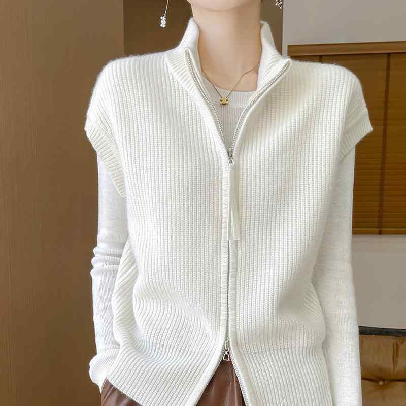 ニットベスト レディース 秋冬 ハイネック ダブルジッパー 羊毛 ルーズ 厚手 暖か レイヤリング 合わせやすい ニットアウター カジュアル 編み込み 女性用 インナー
