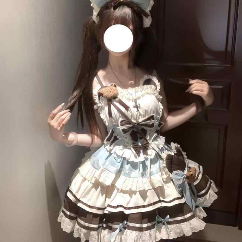 ロリータ フレアスカート 少女用 初恋 小熊 柄 アイドル風 淡いピンク 薄手 軽やか フリル かわいい ミニ丈 コットン 混 素材 日常使い|日用雑貨 RISE店