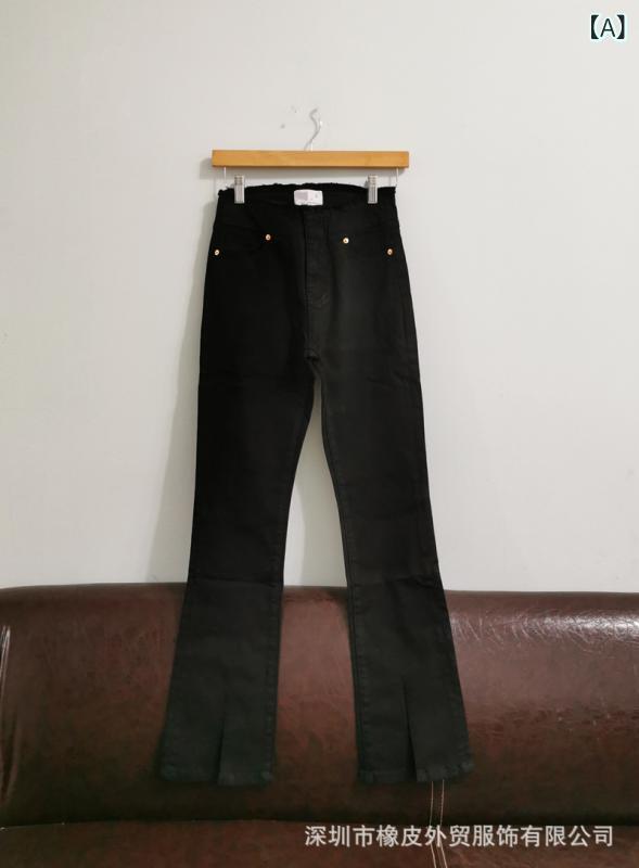 レディース ブラック ハイウエスト デニムパンツ 腰部ヒゲ加工 脚長効果 ワイドストレート 裾スリット マイクロフレア コットン混 カジュアル 普段使い 伸縮性｜日用雑貨　RISE店