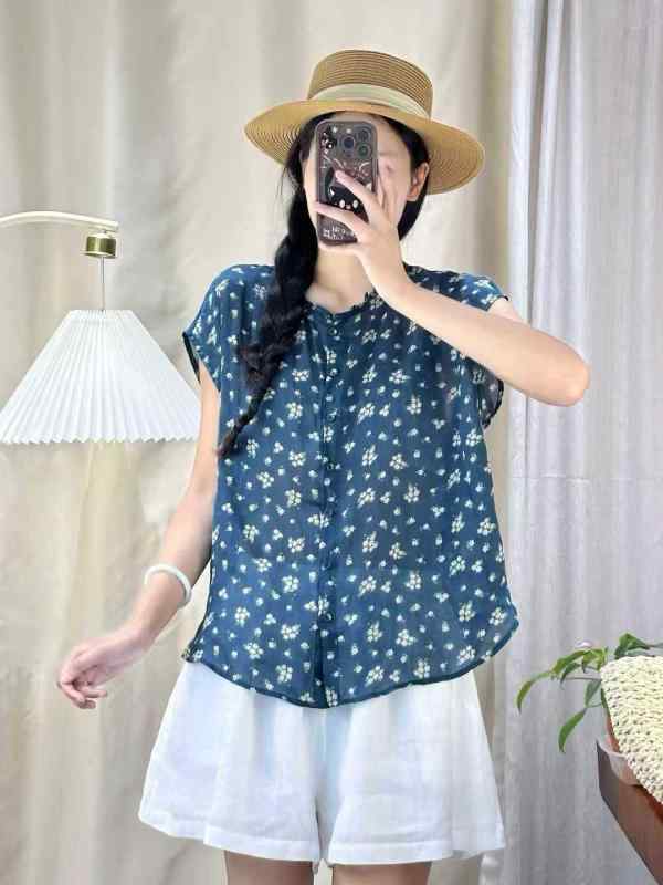 シャツ レディース 夏 ゆったり ラミー素材 丸首 フリル カーディガン 内搭 レトロ 小花柄 プリント ヴィンテージ風 カジュアル 通気性 吸湿速乾｜日用雑貨　RISE店