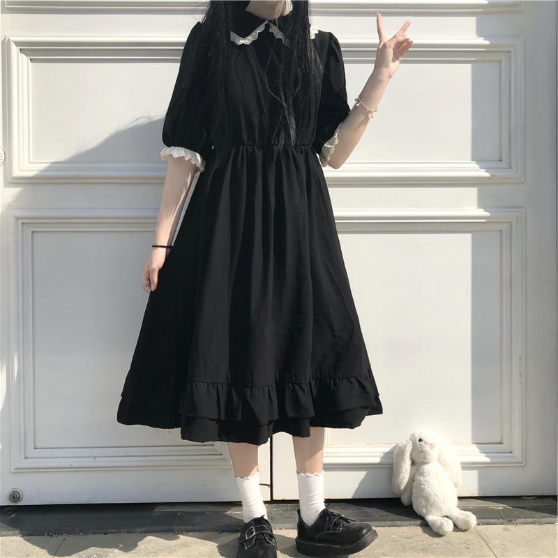 夏 レディース 衣装 韓国風 ゆったり 乗り組み員襟 お人形さん色つや 筋目 酉の方角うつり変わり か細い 表現スタイル引き上げる 若押し出し 膝下ロング 心地好い